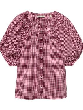 Doen Pink-Red Gingham Button Front Blouse
